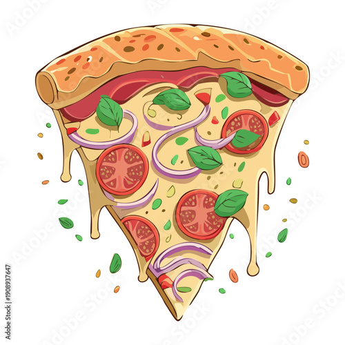 Large slice of gourmet pizza with melted cheese pepperoni onions and fresh green vegetable toppings - Vector Illustration