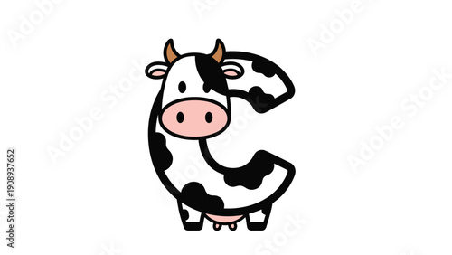 Playful spotted cow character with a large pink snout and tiny horns designed in the shape of the letter c against a white background.