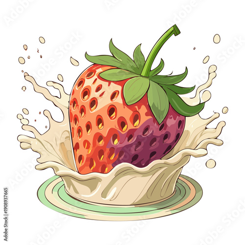 Vibrant strawberry fruit creating huge splash in milk bowl with artistic liquid droplets and swirls - Vector Illustration