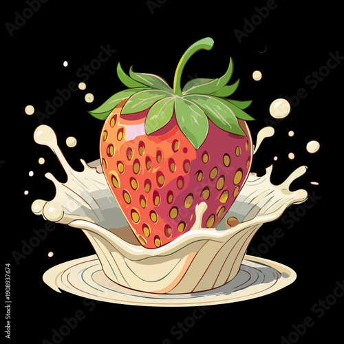 Fresh red berry strawberry dipping into creamy milk splash with dark dramatic contrast and movement - Vector Illustration