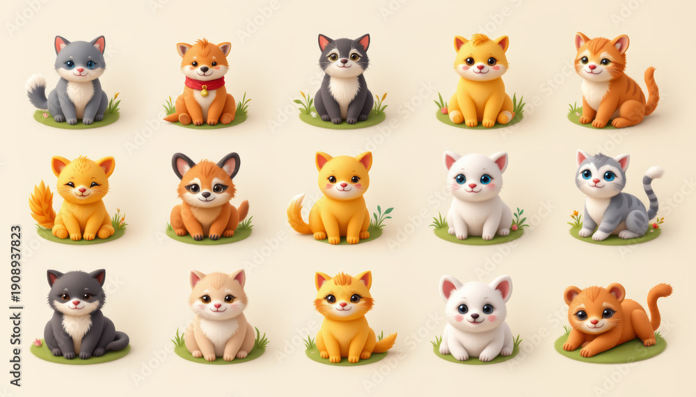 Fototapeta premium Cute cat icon cartoon kitten animal mascot kawaii pet orange fur gray fur white fur smiling face sitting pose playful mood adorable kitten group
