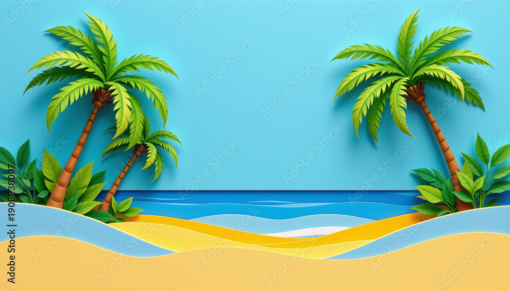 Obraz premium Tropical beach palm tree summer ocean wave sand island paradise landscape with bright sky and blue water peaceful holiday background art