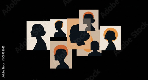 Diverse female silhouettes in profile with abstract halo elements.