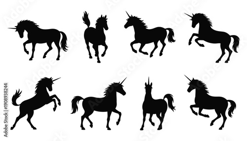 Unicorn silhouettes set, magical horse creatures with horn and flowing mane shapes, fantasy mythology symbols, fairy tale animal outlines, whimsical black vector illustration isolated.