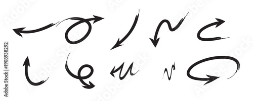 Hand drawn curved arrow set with dynamic directions, minimal black vector illustration for navigation. Ink brush hand drawn arrows black sketch directional icons, vector illustration.