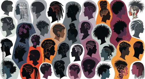 Diverse group of people silhouettes with various hairstyles.
