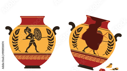 Ancient Greek vase depicts warrior, another shattered with broken pieces