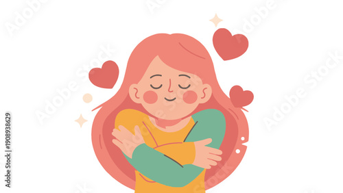 Young woman embracing herself with love and peace, surrounded by hearts