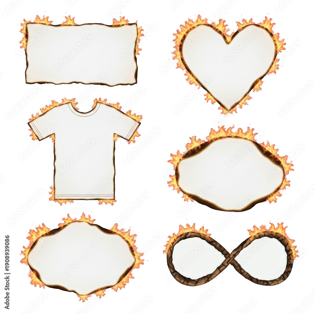 Fototapeta premium Burning Paper Frames Set, Fire Edged Labels png, Charred Paper Borders, Flaming Heart and T-Shirt Shapes isolated on Transparent Background