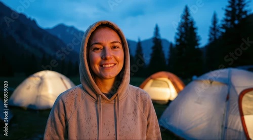 Campsite Gathering, Smiling Woman, Scenic Mountains, Photography, Evening, Close-Up, Outdoor Adventure