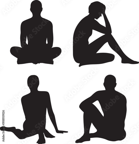 Four people relaxing in silhouette on a white background sitting lying down