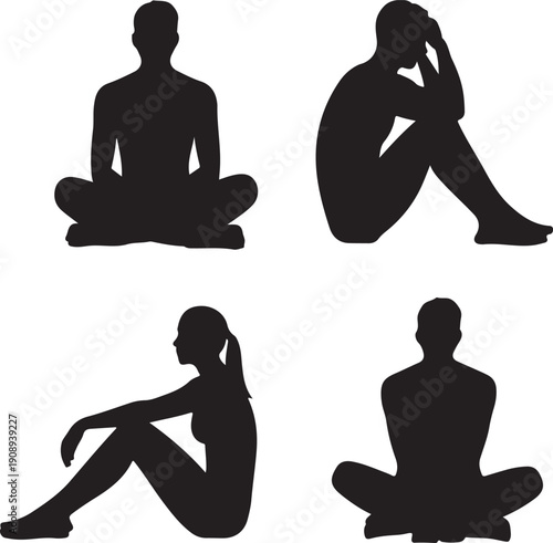 Four people relaxing in silhouette on a white background sitting lying down