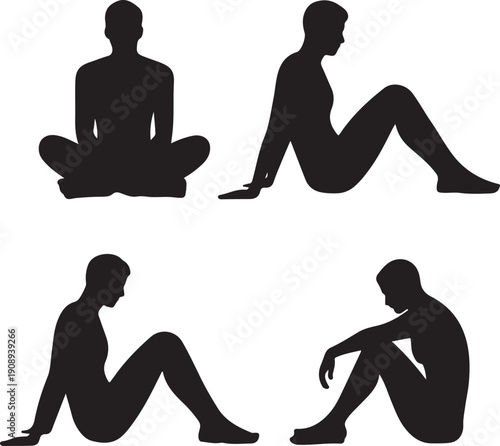 Four people relaxing in silhouette on a white background sitting lying down