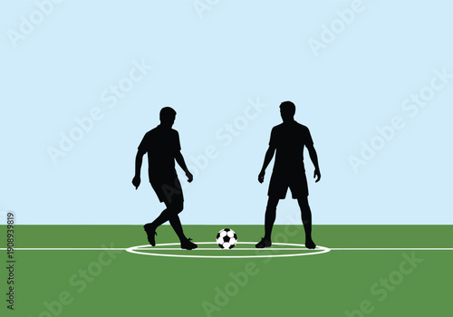 Silhouetted Soccer Players Engaged in a Friendly Match on a Lush Green Field Under a Clear Blue Sky