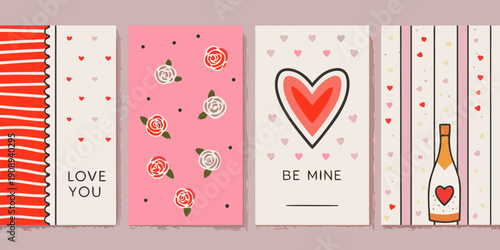 A series of colorful valentine s day cards with hearts roses and champagne