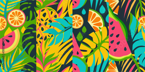 Vibrant tropical pattern featuring fruits leaves and bold colors