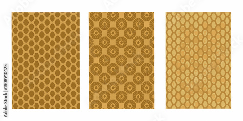 Three vertical panels displaying repeating golden circular patterns