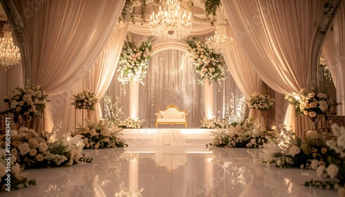 Elegant wedding ceremony setup with white decor, floral accents, and a golden loveseat