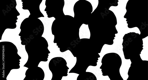 Silhouettes of diverse human faces in profile view.