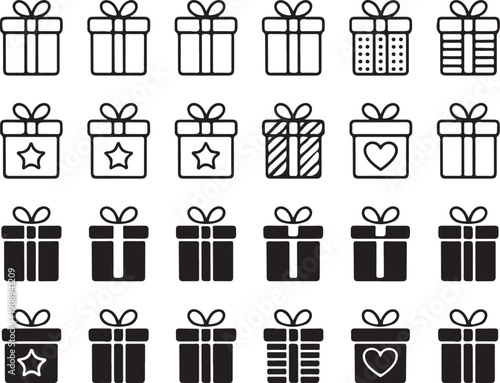Gift box icon set. Gift box signs Line and silhouette style. Vector illustration.