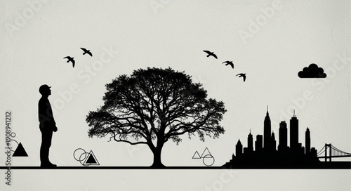 Silhouette of a man looking at a large tree and city skyline.