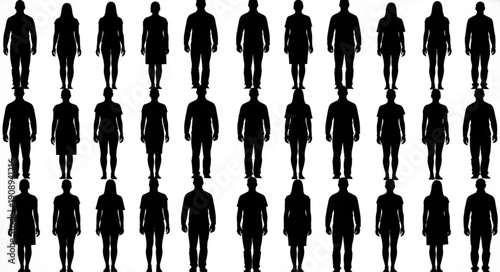 Silhouettes of many people standing in rows.