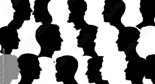 Multiple human head silhouettes facing each other in profile view.