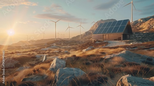 futuristic renewable energy landscape, solar panels field wind turbines on hills clean sky eco-friendly technology
