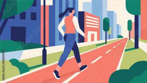 Illustration Of A Woman Walking Leisurely On A City Pedestrian Path, Healthy Body Posture Vector Design Template