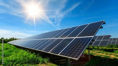 futuristic solar farm in desert wide landscape sun beams renewable energy power plant clean technology