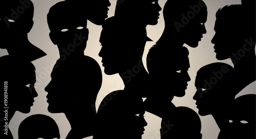 Silhouettes of diverse people profiles in a crowd.