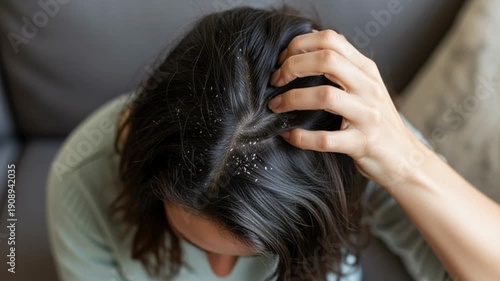 Top view of woman touching scalp with visible dandruff flakes falling from hair