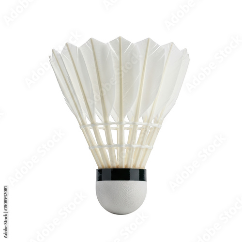 A close-up view of a white badminton shuttlecock with black feathers isolated on transparent background