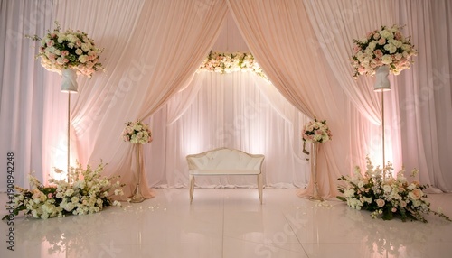 A wedding stage featuring a draped backdrop, flowers, and a bench