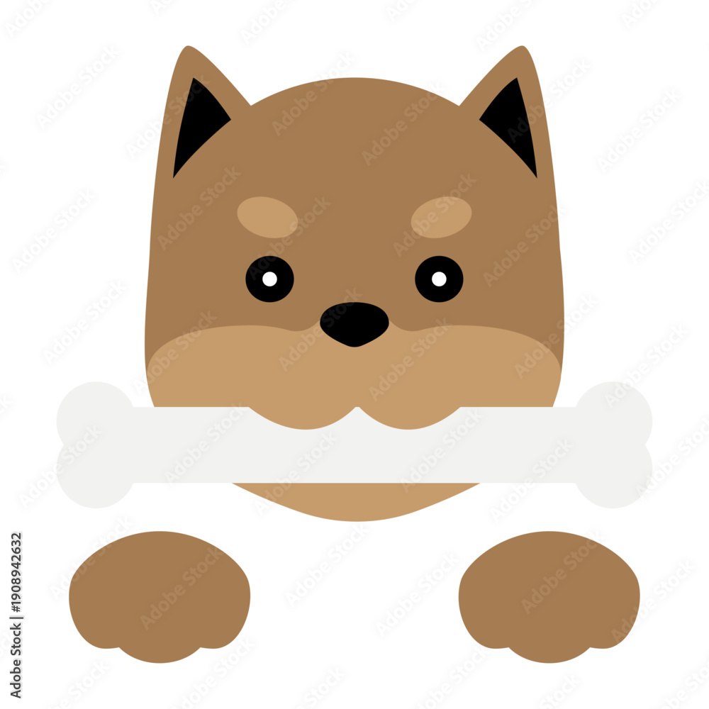 Fototapeta premium 骨を咥えた犬の顔と前足のかわいいイラスト