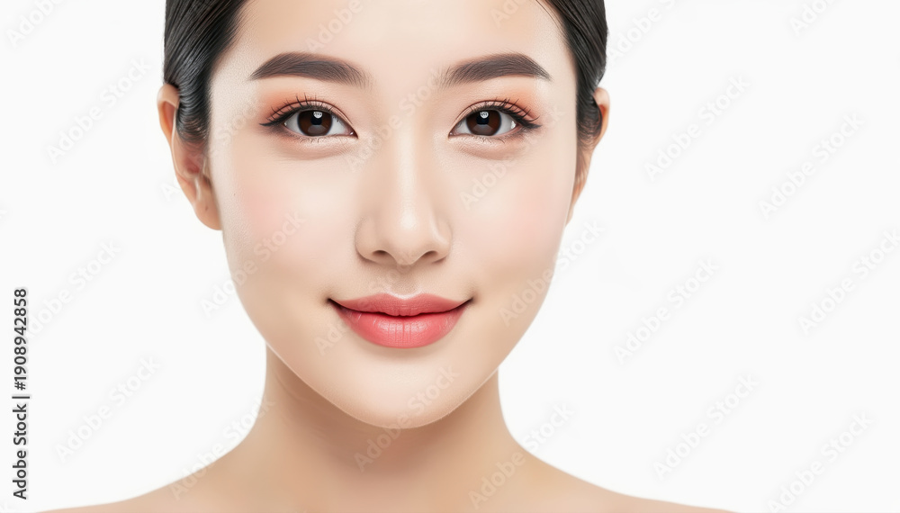 Obraz premium Radiant Portrait: A close-up shot of an elegant individual exudes a sense of purity and natural beauty, perfect for beauty and wellness concepts.