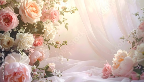 Softly lit floral arrangement of roses and peonies with flowing fabric in pastel hues