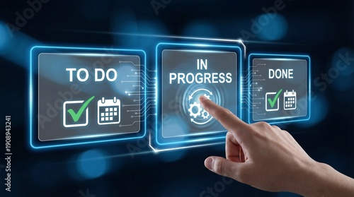 A hand interacting with a digital project management interface with to-do lists and progress tracking