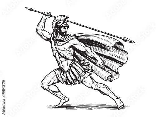 Achilles lunging warrior engraving illustration with dynamic combat motion