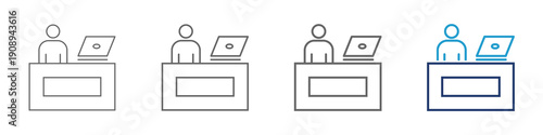 Administrative icon with multiple lines style and blue color collection for web and design illustration with people at the back of desk and monitor next to.