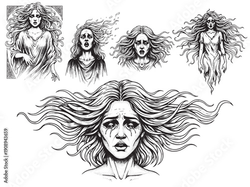 Banshee screaming spirit engraving illustration for horror fantasy artwork