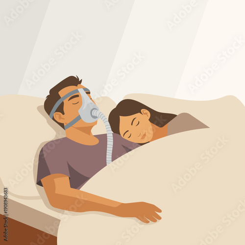 Man wearing a CPAP machine or medical mask for sleep apnea therapy with his wife next to him in bed. Good breathing to support rest improvement, wellness and healthy bedtime routine for couple at home