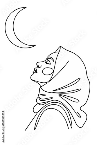 Woman in hijab gazing upwards towards crescent moon in minimalist line art