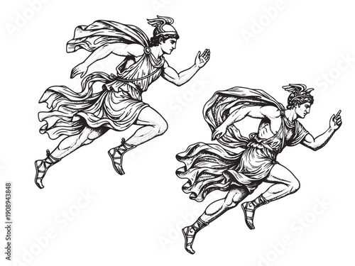 Hermes running messenger god engraving illustration in swift motion