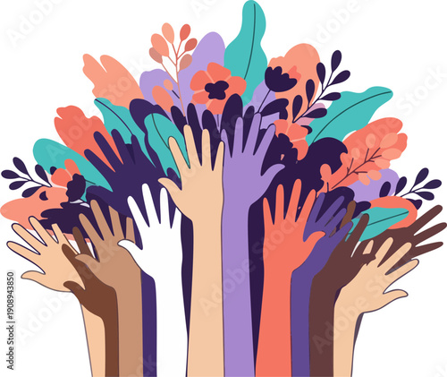 Diverse group of people reaching up together surrounded by vibrant flowers and leaves in a symbol of unity and harmony from a front viewpoint