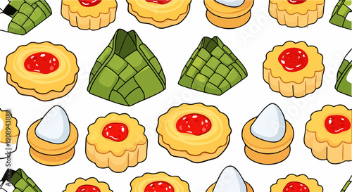 Assorted traditional Southeast Asian desserts pattern featuring kuih, pastry, and sweets in a repeating design