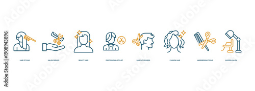 Hair Styling Salon Banner Illustration Showcasing Professional Haircut Process, Fashion Hair Trends and Modern Beauty Studio
