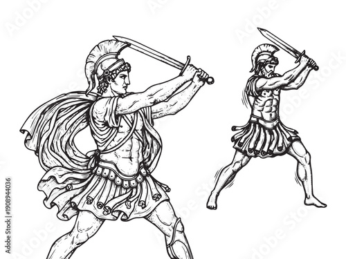 Theseus sword strike engraving illustration with heroic motion