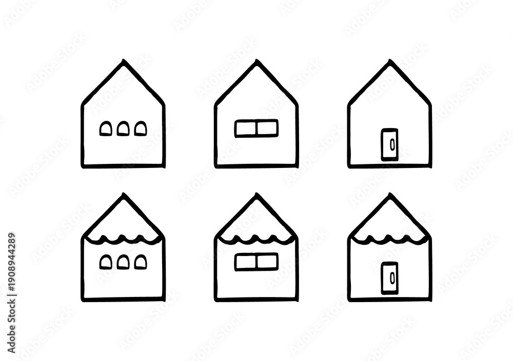 Fototapeta premium Line art house icon set 線画おうちイラストセット丸屋根