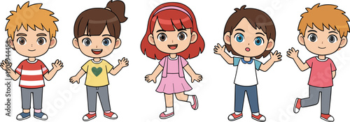 Cute cartoon children characters vector collection with happy kids in playful poses and colorful casual outfits